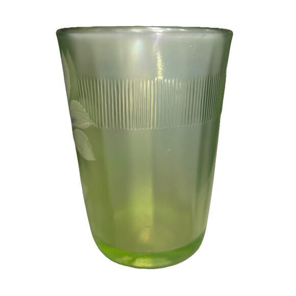 Antique Fenton Carnival Green Vaseline Glass Painted Daisy Flower Tumbler Cup 4” - Picture 4 of 9